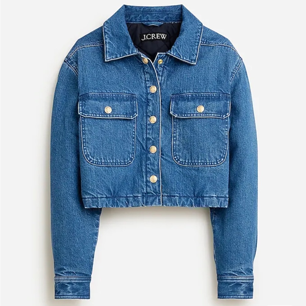 J Crew cropped denim puffer jacket